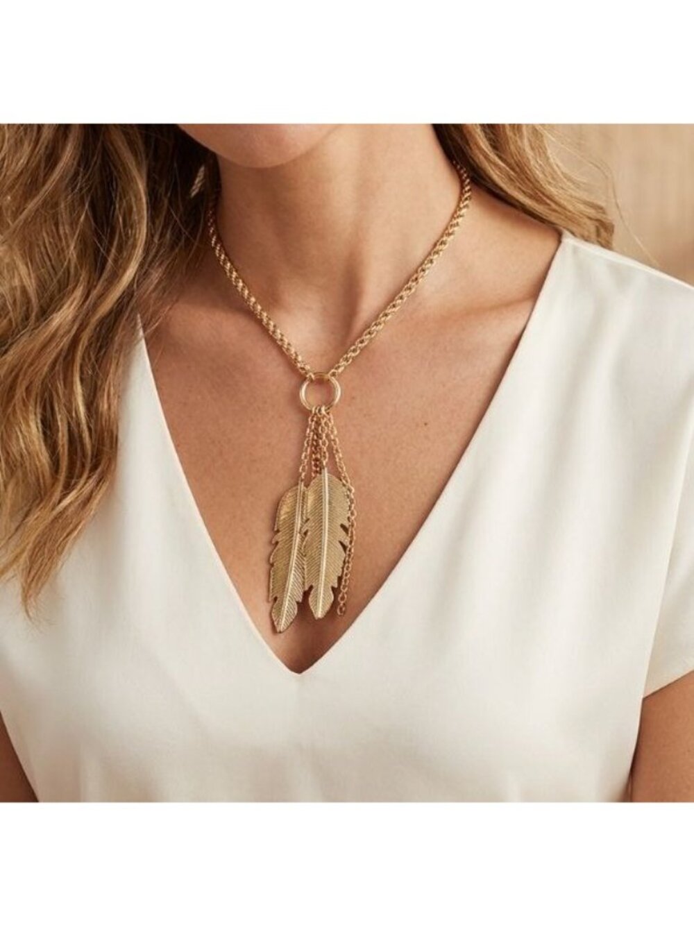 Jessica Simpson Double Feather Tassel Drop Necklace
